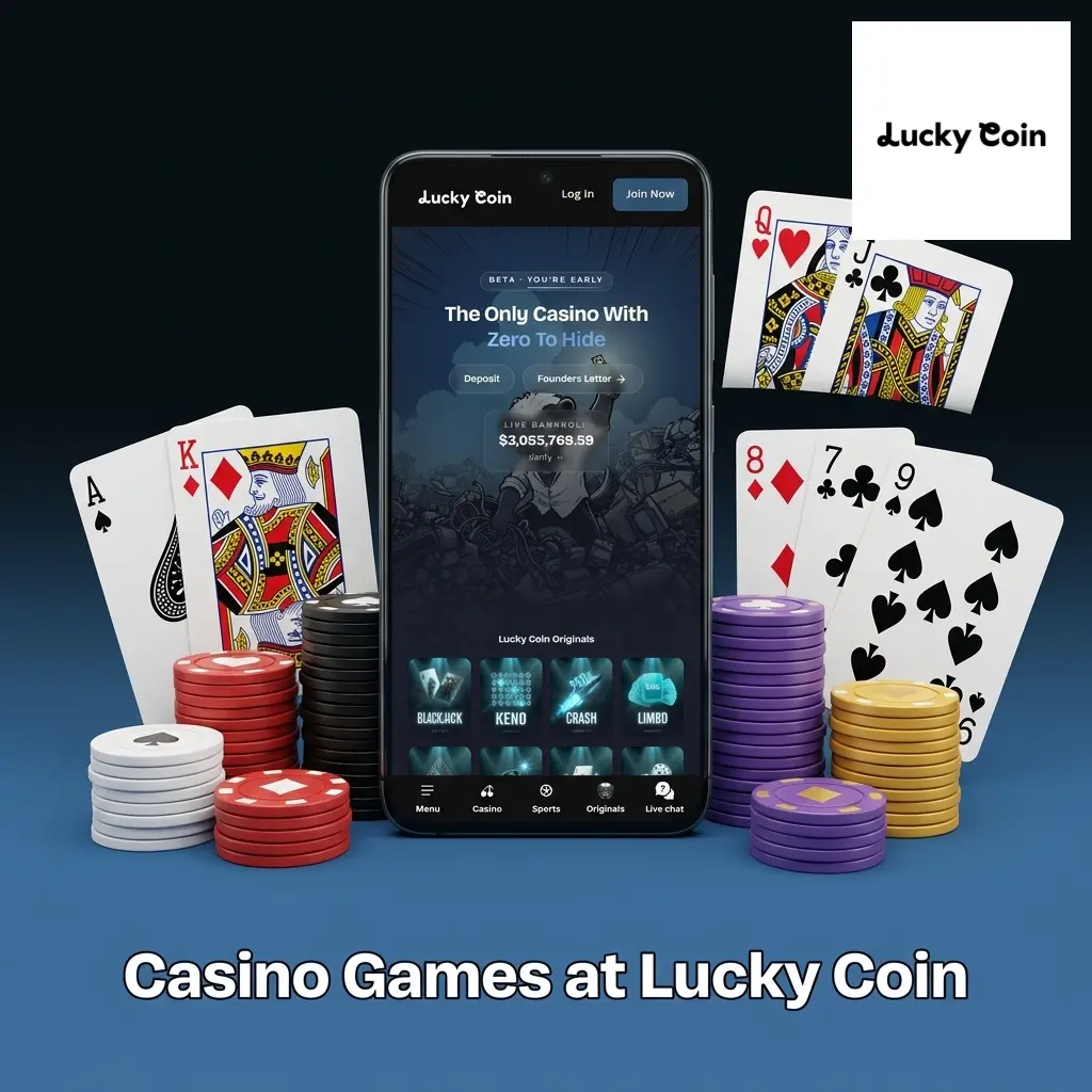 Lucky Coin casino games lobby showing slots, live dealer tables, crash games, and virtual sports categories for UK players