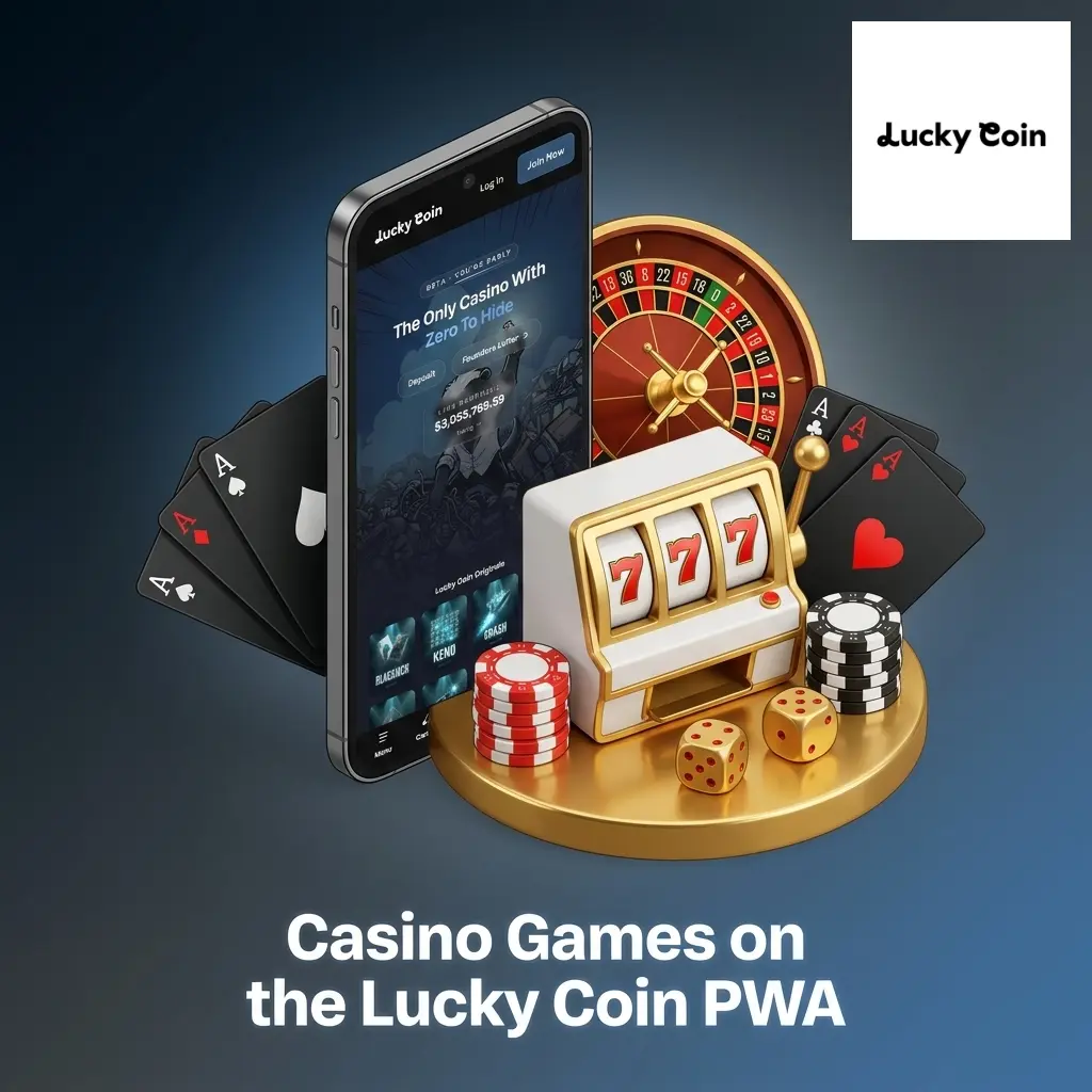 Lucky Coin PWA casino games library showing slots, live casino, table games and crash games on mobile