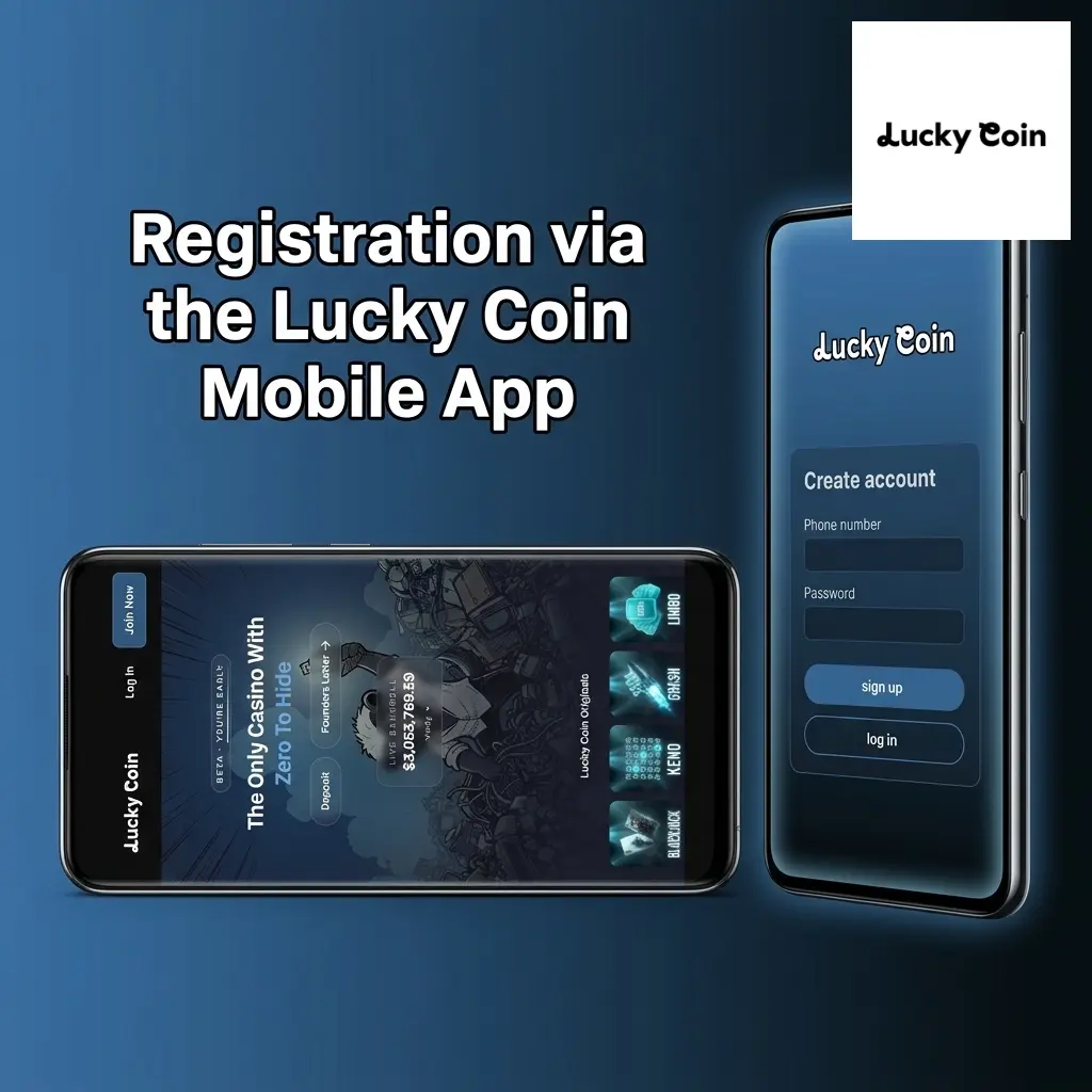 Lucky Coin mobile app registration screen showing sign-up flow with biometric login option for UK players