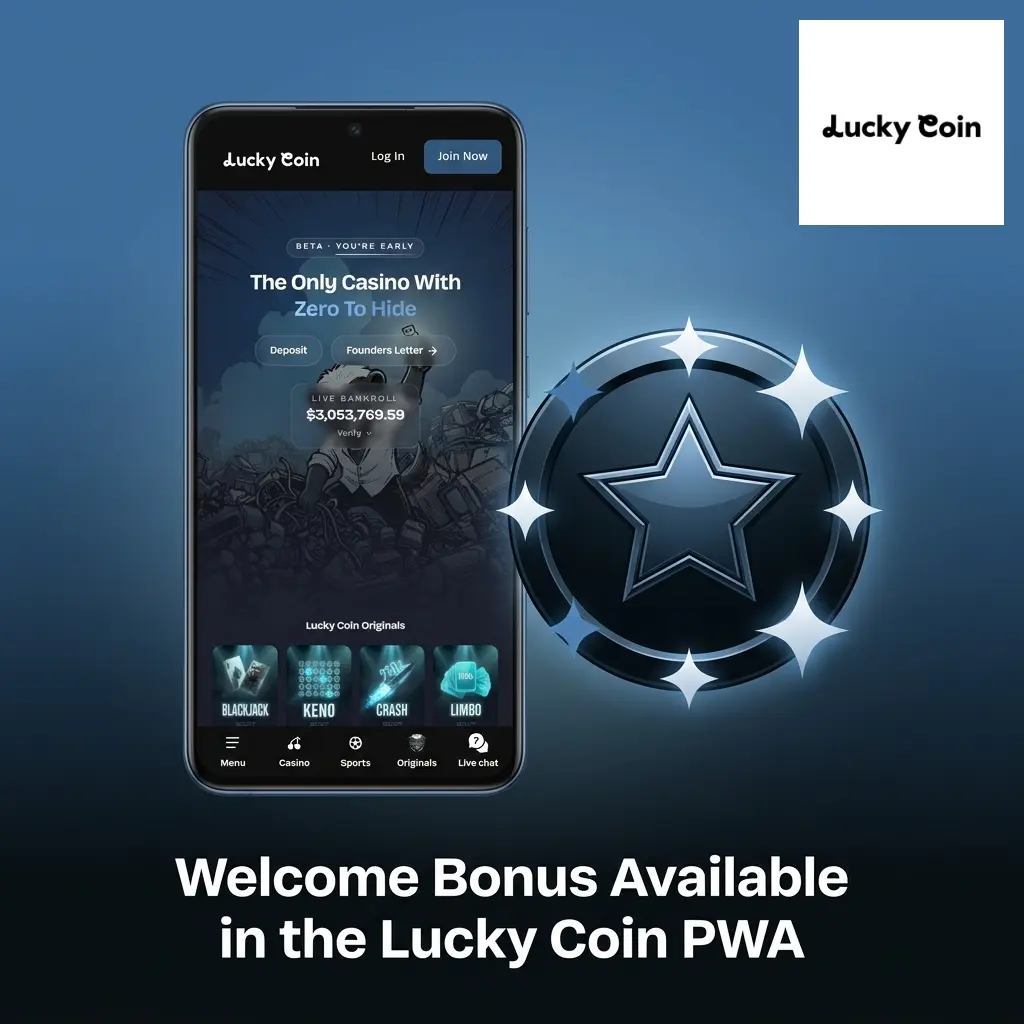 Lucky Coin PWA welcome bonus showing up to 35% Cashback and Rakeback offer for UK players on casino and sports betting